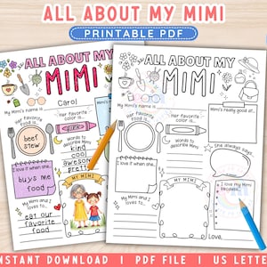 All About My Mimi PRINTABLE, Mimi Questionnaire, Grandparents Day Gift for Mimi, Mother&#39;s Day Activity for Kids, Coloring Page Keepsake Kids