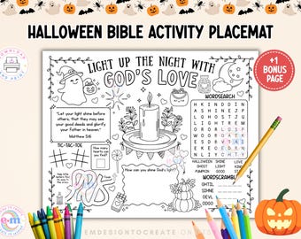 Christliche Halloween-Aktivität Tischset für Kinder, DRUCKBARE Herbst Bibelstunde Malseite, Sonntagsschule Homeschool Klassenzimmer Partyspiele