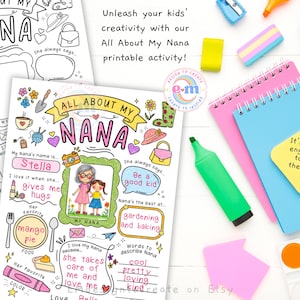 Puede incluir: Hoja de actividades imprimible "All About My Nana" con un dise&ntilde;o colorido. Incluye secciones para completar el nombre de la abuela, sus favoritos y un &aacute;rea de dibujo. Rodeado de &uacute;tiles de arte como rotuladores y cuadernos.