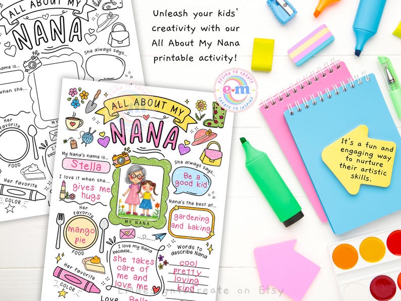 Puede incluir: Hoja de actividades imprimible "All About My Nana" con un dise&ntilde;o colorido. Incluye secciones para completar el nombre de la abuela, sus favoritos y un &aacute;rea de dibujo. Rodeado de &uacute;tiles de arte como rotuladores y cuadernos.