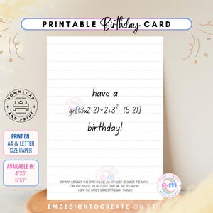 Könnte beinhalten: Eine druckbare Geburtstagskarte mit weißem Hintergrund und liniertem Papierdesign. Die Karte zeigt den Text "have a gr[(3x2-2)+2+3²-(5-2)] birthday!" in Schwarz. Zusätzlicher Text enthält "PRINTABLE Birthday CARD" und Größenoptionen.