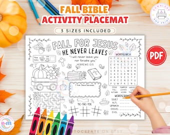 Fall Bible Activity Placemat, Fall for Jesus He Never Leaves Printable, Sunday School Kids Coloring Page, Christian Bible Verse Lesson, PDF
