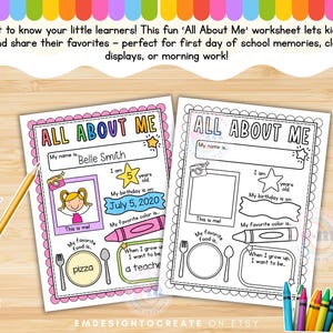 May include: Two colorful "All About Me" worksheets for children. One is filled out with a name, age, birthday, and favorite things. The other is a black and white outline for coloring. The text includes "My name is", "My favorite food is", and "When I grow up I want to be".