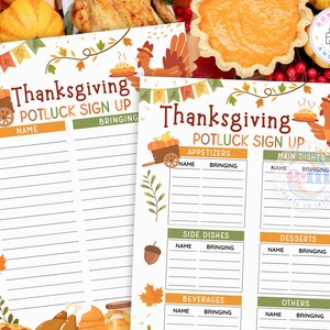 Może przedstawiać: Arkusz zgłoszeniowy na potluck z okazji Święta Dziękczynienia o świątecznym wyglądzie. Arkusze zawierają tekst "Thanksgiving Potluck Sign Up" i zawierają sekcje na imiona i to, co ludzie przynoszą. Elementy dekoracyjne to dynie, indyki i jesienne liście.