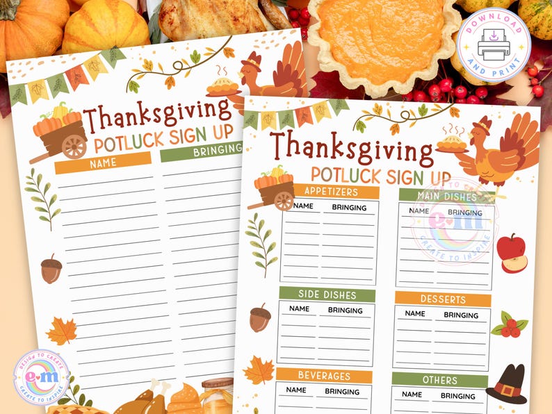 Może przedstawiać: Arkusz zgłoszeniowy na potluck z okazji Święta Dziękczynienia o świątecznym wyglądzie. Arkusze zawierają tekst "Thanksgiving Potluck Sign Up" i zawierają sekcje na imiona i to, co ludzie przynoszą. Elementy dekoracyjne to dynie, indyki i jesienne liście.