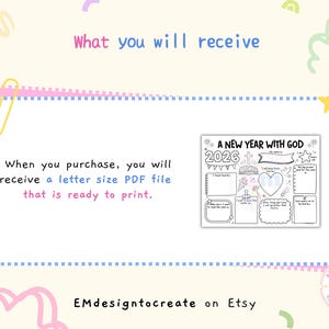 May include: A digital printable with the text "A New Year With God 2026". The design includes space for notes, a heart, and a cross. The image is surrounded by a light yellow border with decorative elements and text that reads "What you will receive".