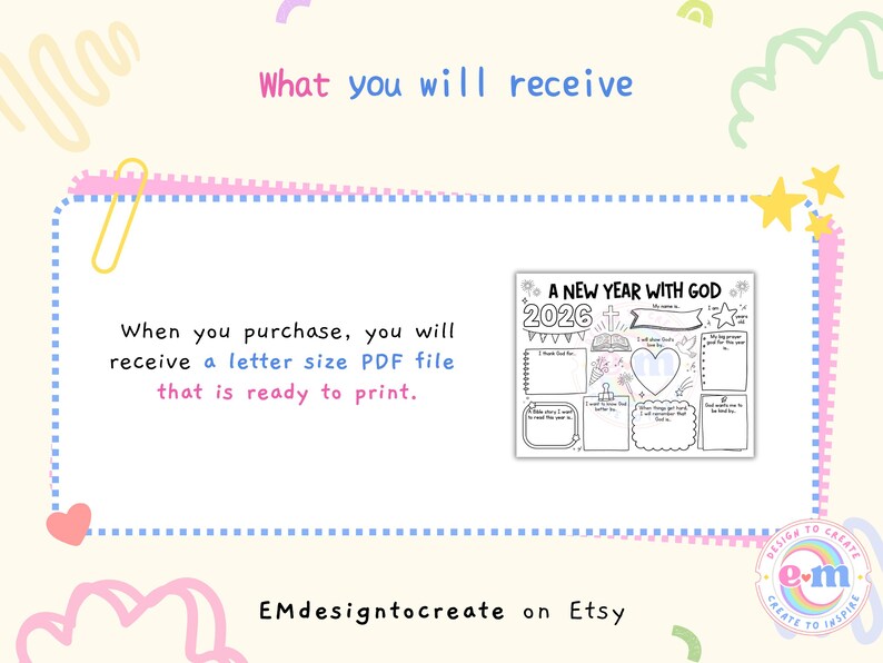 May include: A digital printable with the text "A New Year With God 2026". The design includes space for notes, a heart, and a cross. The image is surrounded by a light yellow border with decorative elements and text that reads "What you will receive".