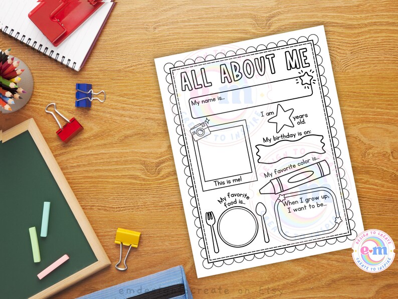 May include: A black and white "All About Me" printable worksheet with fill-in-the-blank sections for personal information, including name, age, birthday, favorite color, and food. The worksheet includes a space for a photo and a section for future aspirations.