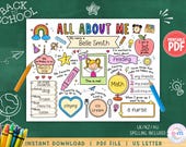 All About Me Printable Activity for Kids, Back to School Coloring Page, Get to Know Me Homeschool Classroom Elementary Worksheet