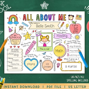 Puede incluir: Un PDF imprimible "Todo sobre mí" colorido para un niño llamado Belle Smith. El diseño incluye un arcoíris, una tarta de cumpleaños, una estrella, un crayón y otras ilustraciones escolares. El niño tiene 7 años y le gusta leer.