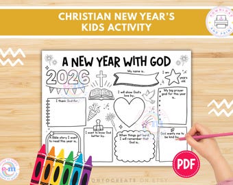 Christian Kids New Year’s Resolution Printable: New Year Goals Worksheet for Kids, Sunday School Activity Coloring Page Digital PDF