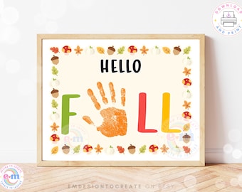 Printable Hello Fall Handprint Art for Kids, Preschool Handprint Craft, DIY Toddler Autumn Keepsake, Fall Activity Daycare, Instant Download