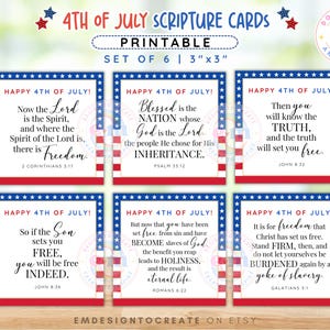 Cartes de versets bibliques du 4 juillet, étiquettes imprimables pour Écritures de l'église du 4 juillet, cartes de table pour le jour de l'indépendance chrétienne, téléchargement immédiat