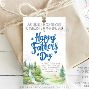 May include: A Father's Day gift tag with a watercolor landscape scene and the text "Happy Father's Day." The tag includes the Bible verse Jeremiah 17:7 and the phrase "Our church is so blessed to celebrate a man like you!"