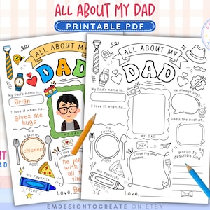 PRINTABLE All About My Dad, Father's Day Activity for Kids, Dad Fill In The Blank, Dad Questionnaire, Coloring Page Preschool Worksheet Gift
