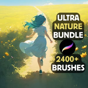 May include: Digital art bundle with the text "ULTRA NATURE BUNDLE" and "2400+ BRUSHES". The image shows a person with blue hair running down a path through a field of yellow flowers. Includes icons for high quality and updated.