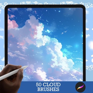 May include: A digital tablet displaying a blue sky with white clouds. A hand is holding a white stylus pen. The text "50 CLOUD BRUSHES" is displayed on the screen.