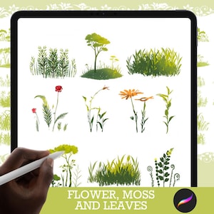 May include: A digital illustration of various green leaves, flowers, and moss. The illustration is on a white background and includes a variety of shapes and sizes. The text "FLOWER, MOSS AND LEAVES" is at the bottom of the image.