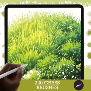 May include: A digital illustration of a tablet screen displaying a variety of green grass brushes. The tablet is being held by a hand with a white stylus. The text "220 GRASS BRUSHES" is displayed at the bottom of the screen.
