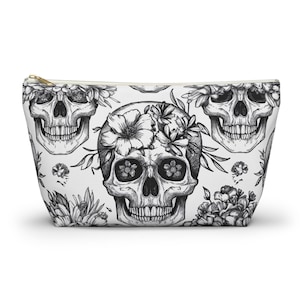 Gothic Skull and Flowers T-Bottom Accessory Pouch - Cosmetic Bag, Makeup Bag, Pencil Case