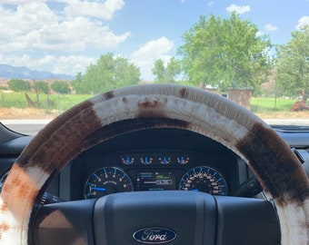 Steering Wheel Cover, Fuzzy Plush Minky, Shag, Powder Blue, Natural White, Cow Pony