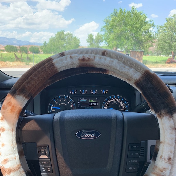 Steering Wheel Cover, Fuzzy Plush Minky, Shag, Powder Blue, Natural White, Cow Pony