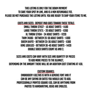 Tshirt Blanket Memory Custom T-shirt Quilt with Band Shirt Jersey Blanket Button up Shirt Baby Onesie Photo Handwriting with Minky Back costs and sizes