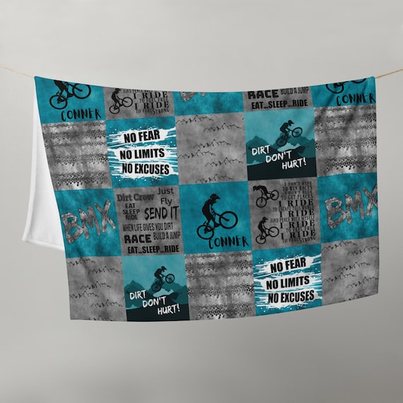 BMX Blanket Personalized Custom Boy or Girl BMX Throw with Name Bike Racing Plush Blanket Bicycle Motocross Gift No Fear No Limits No Excuse