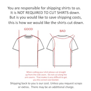 May include: An instructional diagram showing two t-shirts with red dashed lines indicating cutting paths. The left shirt labeled GOOD shows straight vertical cuts, while the right shirt labeled BAD shows curved cuts along the arm seams.