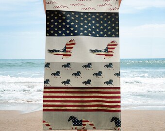 Patriotic Beach Towel, Stars and Stripes Beach Towel, American Flag Distressed, 4th of July Patriotic Swimming Party Towel, USA Eagle, Horse
