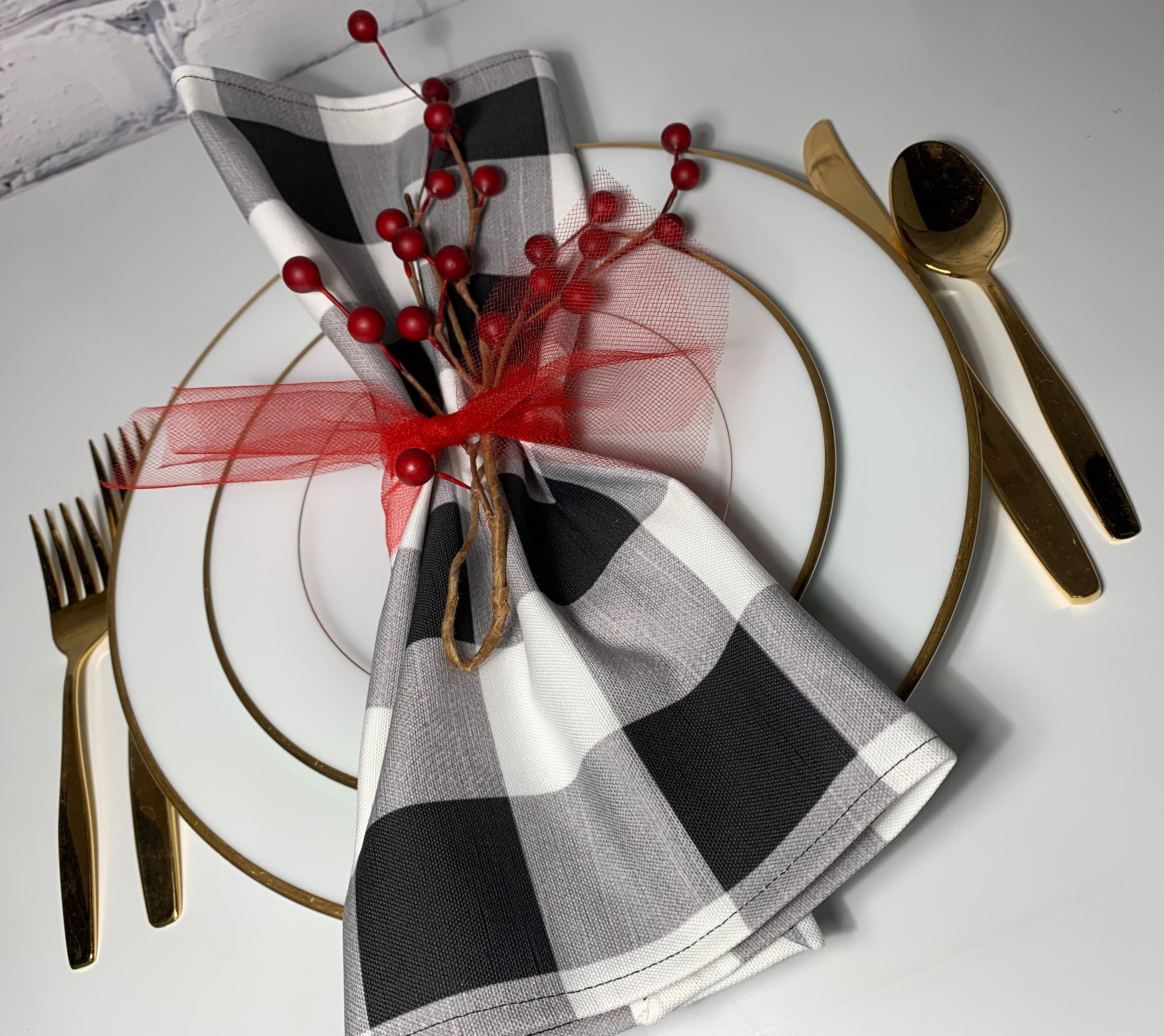 Dinner Table Cloth Napkins Black and White Buffalo Plaid Etsy