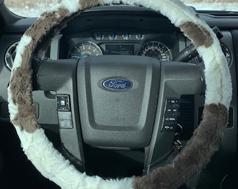 Steering Wheel Cover | Cow Hide Boho Accessories | Pony Horse Car Accessories | Fuzzy Plush Minky | Men and Women Car Accessories