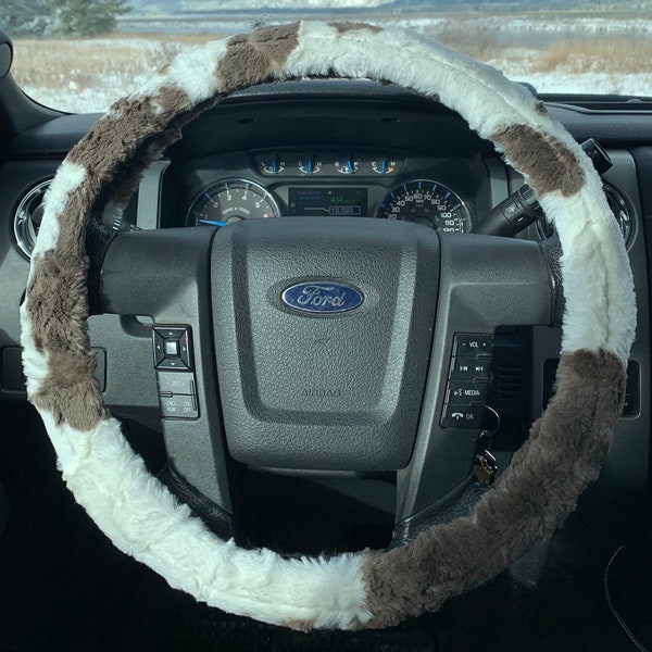 Steering Wheel Cover | Cow Hide Boho Accessories | Pony Horse Car Accessories | Fuzzy Plush Minky | Men and Women Car Accessories