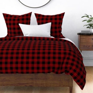 Red Plaid Bedding, Cotton Sateen Large Black and Red Buffalo Plaid Duvet Cover, Luxury 300 Thread Count with Hidden Zipper
