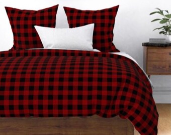 Red Plaid Bedding, Cotton Sateen Large Black and Red Buffalo Plaid Duvet Cover, Luxury 300 Thread Count with Hidden Zipper