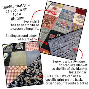 Tshirt Blanket Memory Custom T-shirt Quilt with shirt stabilized binding around edge and each row sewn down for stability