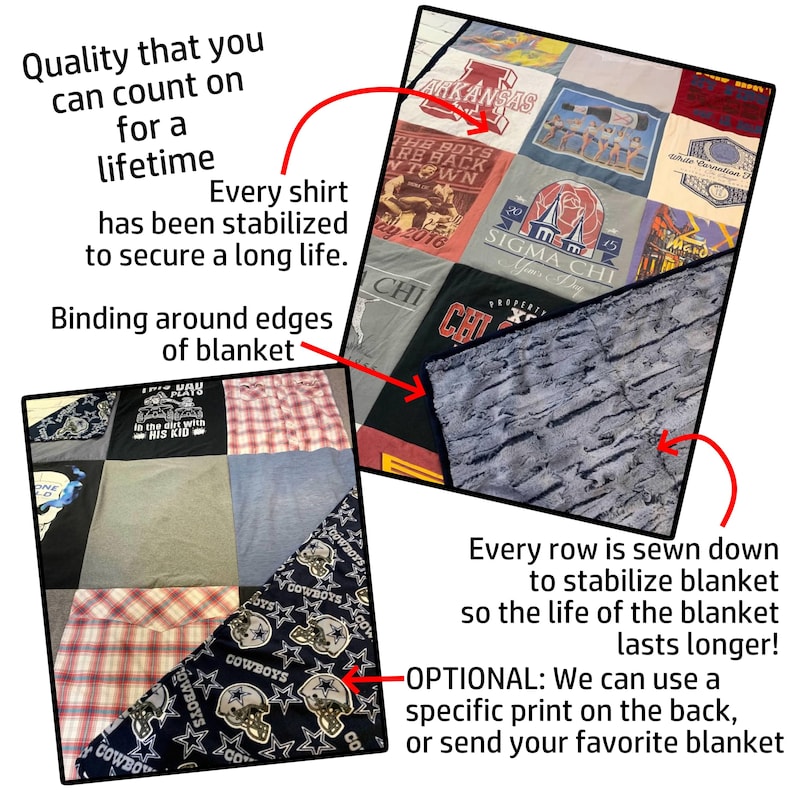Tshirt Blanket Memory Custom T-shirt Quilt with shirt stabilized binding around edge and each row sewn down for stability
