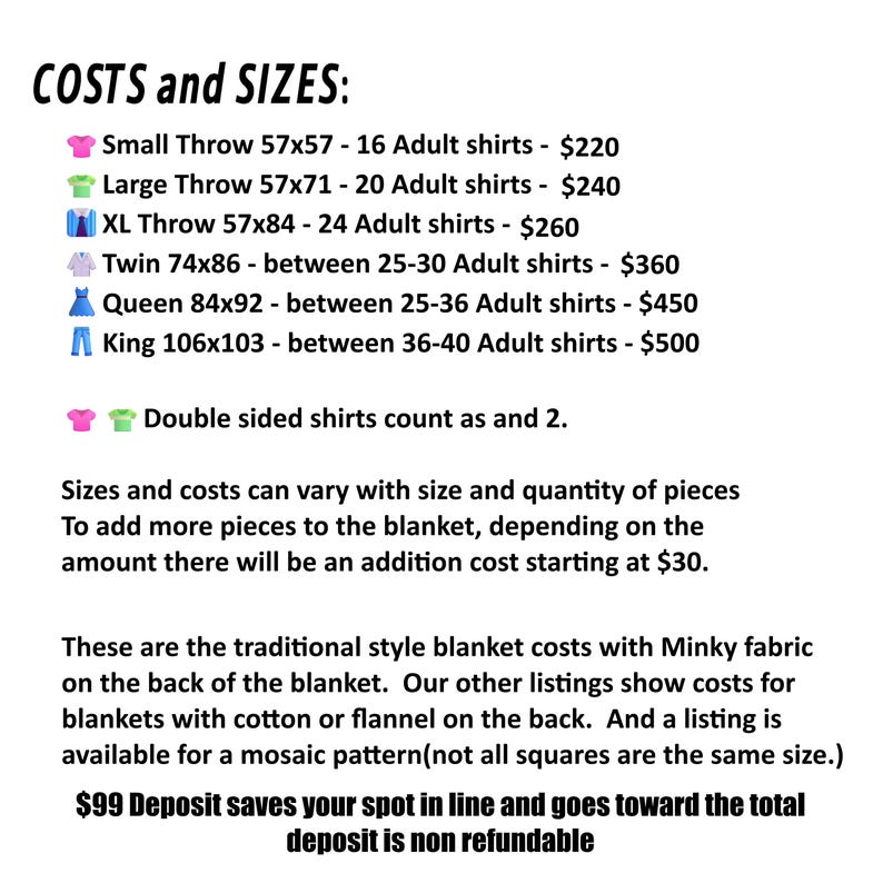 May include: A text-based informational chart titled COSTS and SIZES listing various blanket dimensions in inches, including Small Throw 57x57, Large Throw 57x71, XL Throw 57x84, Twin 74x86, Queen 84x92, and King 106x103, alongside required adult shirt quantities.