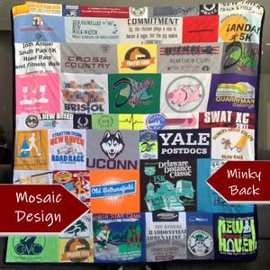 Tshirt blanket with all squares different sizes and fabrics.