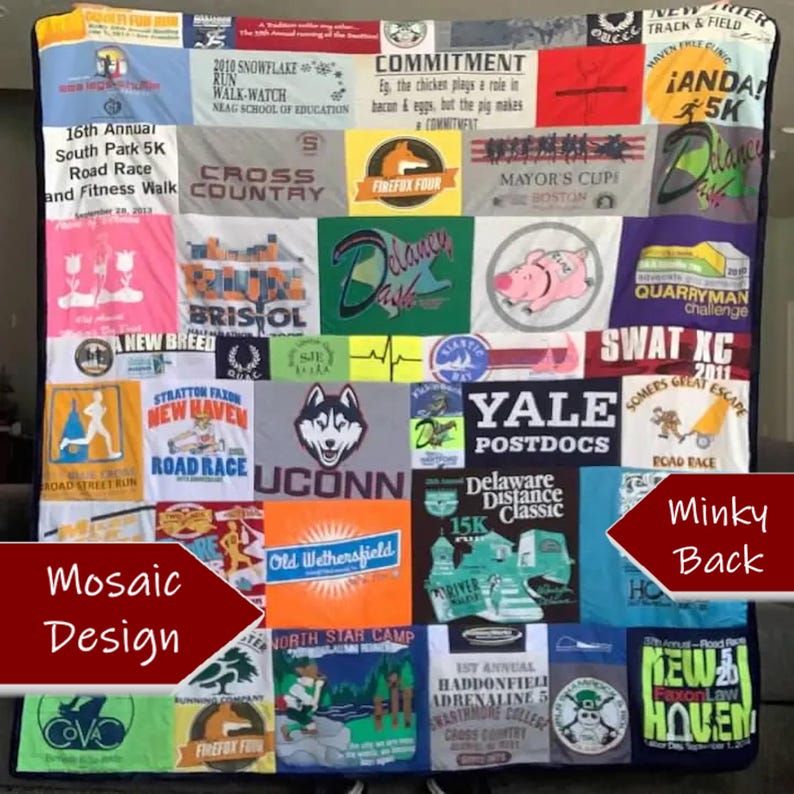 Tshirt blanket with all squares different sizes and fabrics.