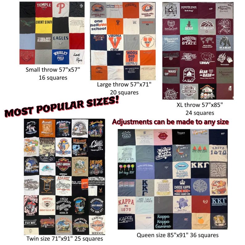 May include: A collection of five t-shirt quilts in various sizes, including a small 57"x57" throw with 16 squares, a large 57"x71" throw with 20 squares, an XL 57"x85" throw with 24 squares, a 71"x91" twin size with 25 squares, and an 85"x91" queen size with 36 squares.