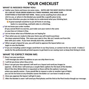 May include: A white informational document titled YOUR CHECKLIST with black text. It outlines instructions for a custom blanket order, including gathering items, providing notes, order numbers, size preferences, layout approval, and shipping details.