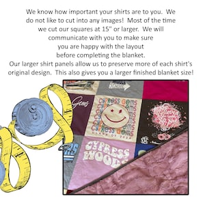 May include: A patchwork blanket made of various t-shirt panels featuring graphic prints like a smiley face and the text Cypress Gems, alongside a yellow measuring tape. The blanket has a textured mauve backing and 15-inch square panels.