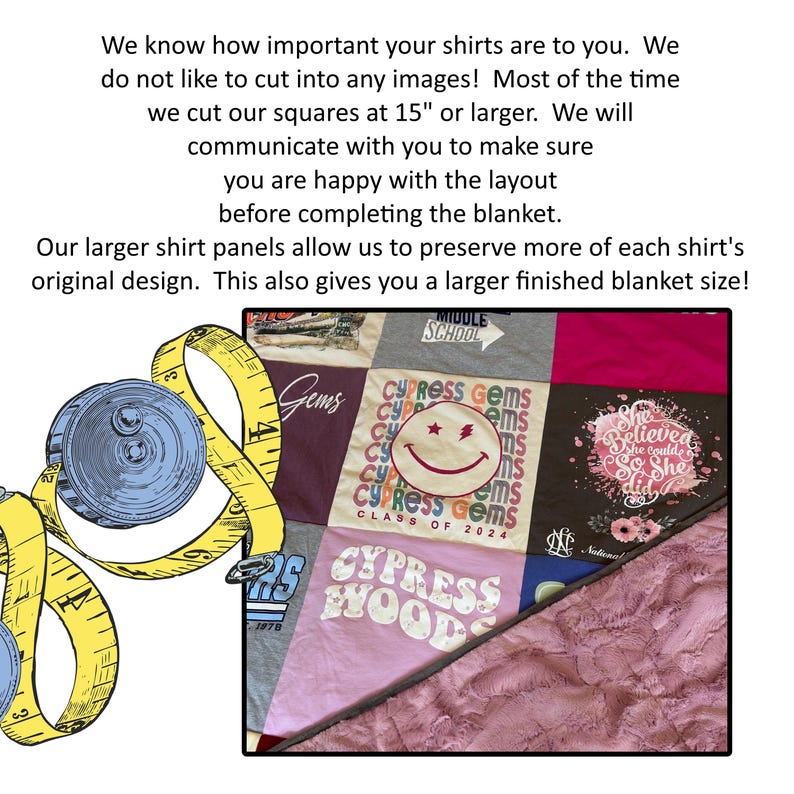May include: A patchwork blanket made of various t-shirt panels featuring graphic prints like a smiley face and the text Cypress Gems, alongside a yellow measuring tape. The blanket has a textured mauve backing and 15-inch square panels.