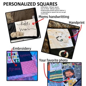 May include: Personalized squares featuring fabric patches with embroidery, iron-on vinyl, and printed designs. Examples include handwriting, a handprint, alphabet letters, names like Rainbow and Miracle, and a photograph on a quilted textile surface.