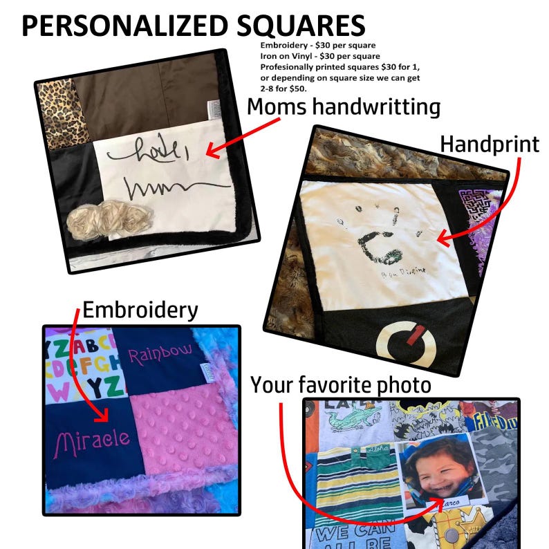May include: Personalized squares featuring fabric patches with embroidery, iron-on vinyl, and printed designs. Examples include handwriting, a handprint, alphabet letters, names like Rainbow and Miracle, and a photograph on a quilted textile surface.