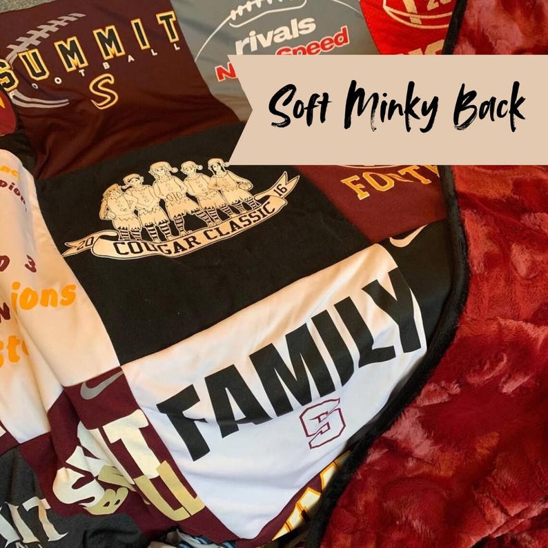May include: A patchwork quilt made from various athletic t-shirts in maroon, black, and white, featuring printed text including Summit Football, Cougar Classic 2016, and Family. The quilt has a dark red textured minky fabric backing and black trim.