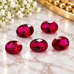 Peut inclure: Cinq pierres précieuses rouge foncé de taille ovale avec des surfaces facettées disposées en groupe. Les pierres présentent une clarté brillante et translucide et sont placées sur une surface blanche avec des veines grises.