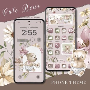 May include: A phone theme featuring a cute bear design. The theme includes a wallpaper with a bear illustration, flowers, and a matching set of app icons. The phone displays the time and date. The words "Cute Bear" and "PHONE THEME" are also visible.