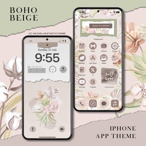 Op de afbeelding: Een beige en bruin iPhone-startscherm met een bloemenmotief. De pictogrammen zijn rond en hebben een witte omtrek. De tekst "Self Love" staat in wit op een bruine cirkel. De achtergrond is lichtbeige met een bloemenpatroon.